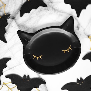 Assiettes en carton pour Halloween - Assiettes en papier en forme de chat noir - Vaisselle pour fête d'Halloween - Assiettes en papier chaton - Décoration d'Halloween - Lot de 6