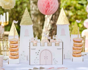 Puesto de golosinas del castillo de la princesa - puesto de cupcakes - puesto de rosquillas - decoración de la fiesta de la princesa - pieza central de la mesa de la fiesta de cumpleaños de la princesa