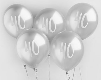 Silver 40th Birthday Balloons - Happy Birthday 40 Balloons - Silver & White Balloons - Party Decorations - Pack of 5