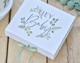 Baby Shower Geschenkbox - Botanische Babyparty - Hey Baby - Baby Shower Andenken Box - Weiße und grüne Box Krawatte Band - Geschenkpapier Alternative