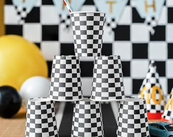 Racing Car Cups - Checkered Flag Paper Party Cups - Racing Car Party - F1 Theme - Kids Birthday Party Supplies - Pack Of 6