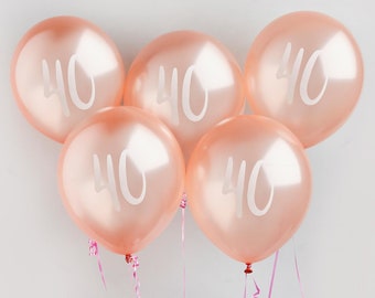 Rose Gold 40th Birthday Balloons - Happy Birthday 40 Balloons - Rose Gold & White Balloons - Party Decorations - Pack of 5