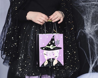 Sac de fête d'Halloween - Sac de bonbons pour sorcière d'Halloween individuel - Sac cadeau d'Halloween - Sacs en papier noirs et violets - Sacs d'Halloween pour enfants