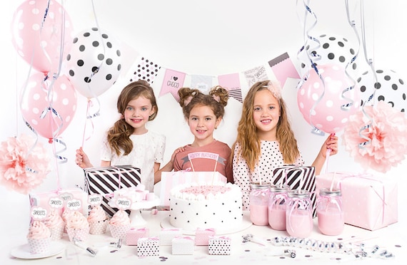 Girls Party Decoration Box Sweets Party Birthday Decorations Set Pink White  & Black Party Decor 47 Pieces 