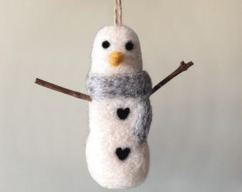 Needle Felted Christmas Snowman - Wool Snowman Tree Decoration - Christmas Tree Decorations - White Wool Felt Snowman