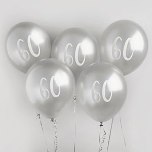 Silver 60th Birthday Balloons - Happy Birthday 60 Balloons - Silver & White Balloons - Party Decorations - Pack of 5