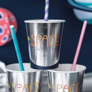 Silver Space Party Cups - Space Adventure Paper Cups - Space Party Paper Cups - Birthday Party Tableware - Pack of 6