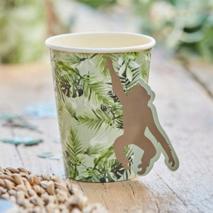 Monkey Paper Cups - Brown And Green Jungle Theme Kids Birthday Party Cup - Tropical Leaves - Safari Animals - Birthday Tableware - Pack of 8