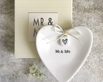 Porcelain Ring Dish -  Mr & Mrs Heart Shaped Dish - Engagement And Wedding Gift - Gift Box Included  - Keepsake Bowl For Rings-East Of India