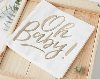 16 Stück weiße goldene Papierservietten - Oh Baby Papierservietten - Papierservietten mit Goldfolie - Babypartydekor - Babypartygeschirr - 16 Stück