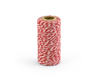 50m Red Bakers Twine - Red & White Striped Cotton String - Birthday Gift Wrap - Christmas Wrapping Accessories
