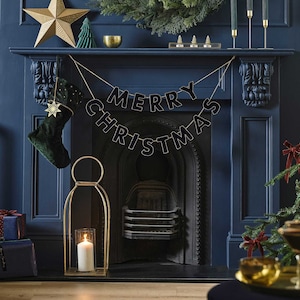 Navy Velvet Beaded Merry Christmas Bunting - Blue Christmas Decoration - Christmas Decorations - Holiday Decor