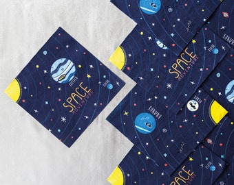 May include: Blue and yellow space-themed paper napkins with the text "Space Adventure" and illustrations of planets and stars.