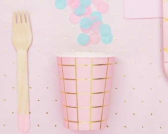 Light Pink Gold Grid Cups - Pinke und goldene Party Pappbecher - 6er Pack