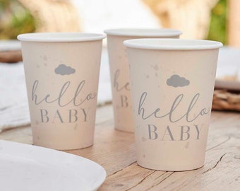 Hello Baby Shower Paper Cups - Neutral Baby Shower - Eco Friendly Party Supplies - Sip And See - New Baby Party - Baby Paper Cups -Pack of 8