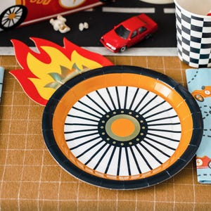 Racing Car Wheel Plates - Wheel With Flame Paper Plates - Racing Car Party Supplies - F1 Theme - Kids Birthday Party Supplies - Pack of 6