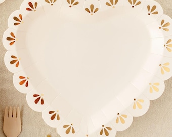 Heart Shaped Paper Plates - Cream and Gold 1st Birthday Tableware - Storybook Party Plates - Beige Neutral Toddler Party Decor - Pack Of 6