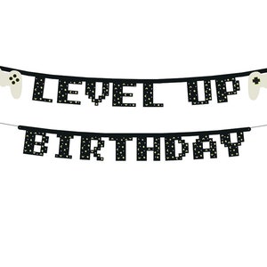 Peut inclure: Bannière pixelisée noire et blanche avec le texte "Level Up Birthday" et deux manettes de jeu blanches à chaque extrémité.