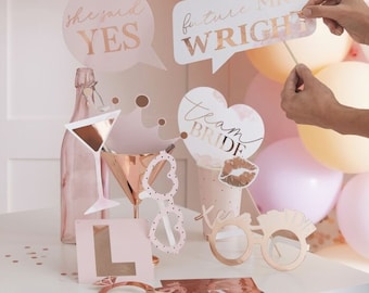 Customisable Hen Party Photo Booth Props - Rose Gold & Blush Photo Props - Bachelorette Accessories - Bridal Shower - Pack of 10