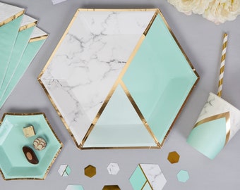 Mint and gold plates - Marble effect large paper plates - Hen party plates - Birthday paper plates -Party decorations-Party tableware-8 pack