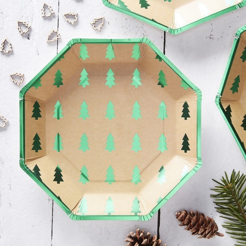 Green and kraft Christmas tree paper plates Green foiled Christmas tree plates Christmas party tableware-Christmas decorations-Pack of 8