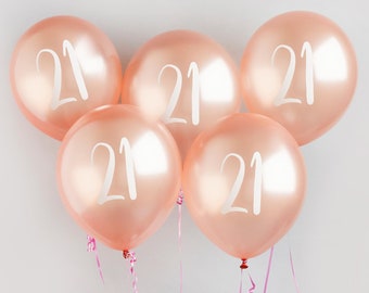 Rose Gold 21st Birthday Balloons - Happy Birthday 21 Balloons - Rose Gold & White Balloons - Party Decorations - Pack of 5