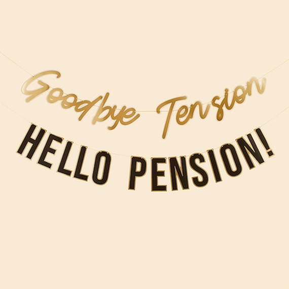 Retirement Banner - Goodbye Tension Hello Pension Bunting - Black & Gold Retirement Party Decorations - Happy Retirement Banner - 2m x 2