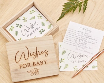 Baby Shower Wishes For Baby Cards & Wooden Box - Botanical Baby Shower - Hey Baby - Baby Shower Guest Book Alternative -Baby Shower Keepsake