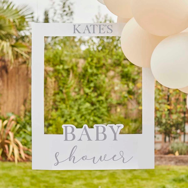 Personalisierter Babyparty Fotorahmen - Babyparty Photo Booth Prop - Neutrale Babyparty - Rahmen in Creme und Grau