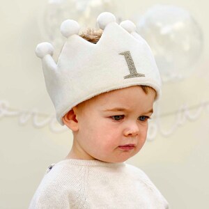thumbnail image 2 of First Birthday Crown Hat - White Glitter With Iridescent Number 1, Unisex Baby Party Accessory 2 of 11