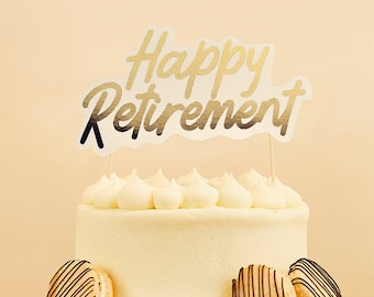Happy Retirement Cake Topper - White & Gold Farewell Party Cake Decoration - Retirement Party - Goodbye Tension Hello Pension