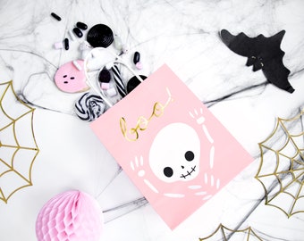 Sacs de fête d'Halloween - Sacs roses pour cadeaux d'Halloween - Chauves-souris roses - Sacs en papier Boo Skeleton - Sacs d'Halloween pour enfants - Lot de 6