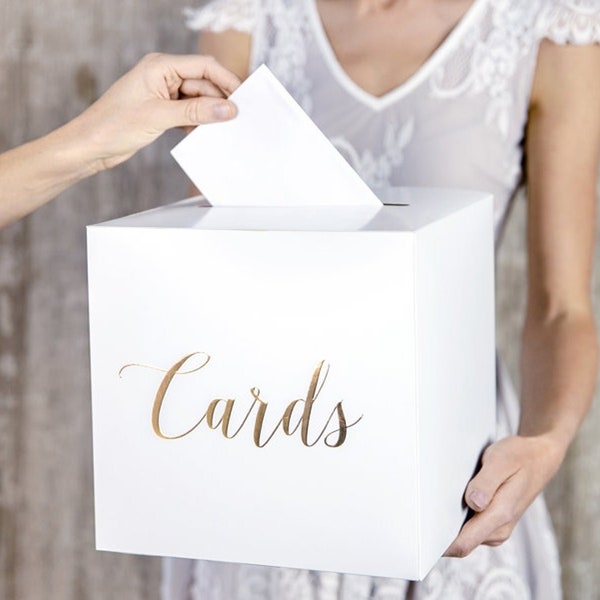 Boîte aux lettres porte-cartes de mariage blanc et doré - Boîte pour cartes manuscrite dorée - Mariage blanc et doré - Fournitures de mariage classiques