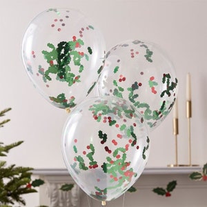 Christmas Holly Confetti Balloons - Xmas Party Decorations - Holly Berry Festive Balloons - Seasonal Holiday Decor - Pack of 5