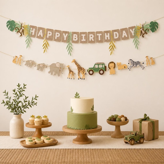 Safari Animal Banner - Happy Birthday Garland - Jungle Party Bunting - First Birthday Decor - Wild One Decoration - Kids Birthday Party