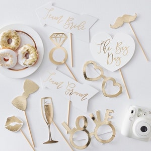 Accessoires de photomaton de mariage - Mariage doré et blanc - Accessoires de table de mariage - Pack de 10