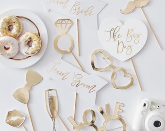 Wedding Photo Booth Props - Gold & White Wedding - Wedding Table Props - Pack of 10