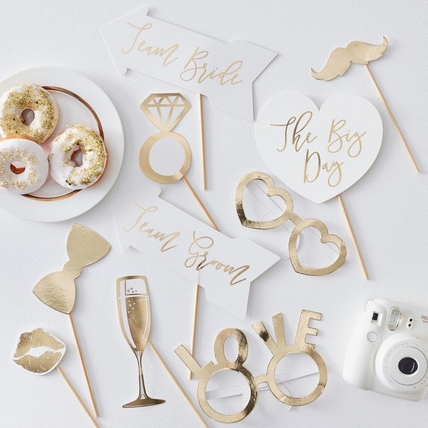 Hochzeit Photo Booth Requisiten - Gold & Weiß Hochzeit - Hochzeit Tisch Requisiten - 10er Pack