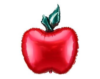 Puede incluir: Globo rojo en forma de manzana con acabado brillante. Tiene una hoja y un tallo verdes en la parte superior. Perfecto para una fiesta o celebración.
