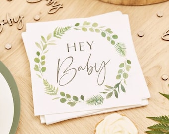 Serviettes de baby shower - Hey Baby - Serviettes en papier botaniques - Baby shower respectueux de l'environnement - Baby shower de feuillage - Baby shower de plantes - Paquet de 16