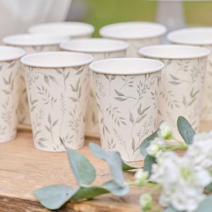 Bicchieri di carta per battesimo - Bicchieri di carta per feste botaniche bianche e verdi - Articoli per feste ecocompatibili - Baby shower botanico - Confezione da 8
