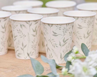 Christening Paper Cups - White & Green Botanical Paper Party Cups - Eco Friendly Party Supplies - Botanical Baby Shower - Pack of 8