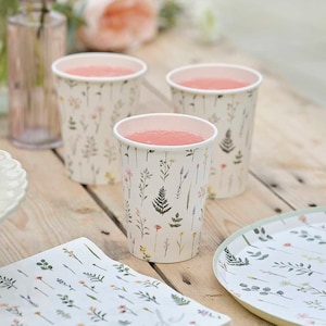 Floral Pappbecher - Boho Braut Bloom Party Becher - Blumen & grünes Laub Einwegbecher - Junggesellinnenabschied Becher - 8 Stück