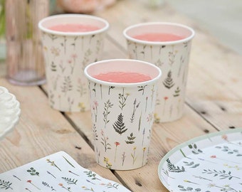 Papieren bekers met bloemen - Boho Bridal Bloom Party Cups - Wegwerpbekers met bloemen en groen blad - Vrijgezellenfeestbekers - Pak van 8