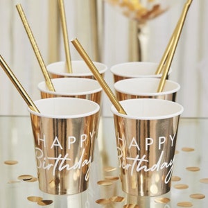 Bicchieri per feste di buon compleanno dorati - Bicchieri di carta dorati - Bicchieri di carta per compleanno - Decorazioni per feste in oro e bianco - Idee per feste di compleanno - Confezione da 8