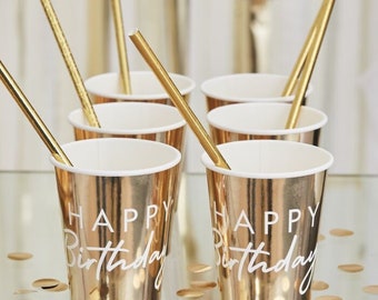 Gold Happy Birthday Party Cups - Gold Paper Cups - Birthday Paper Cups - Gold & White Party Decor - Birthday Party Ideas - Pack of 8