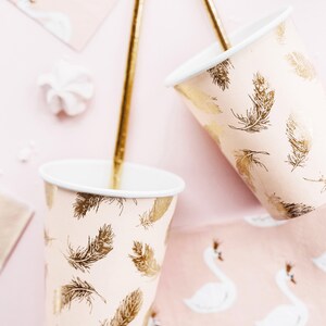 Swan Paper Cups - Gold Feather & Pink Paper Birthday Party Cups - Blush ...