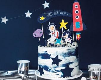 Space Cake Toppers - Space Rocket Topper - Spaceman Topper - Stars Topper -Space Party Cake Decorations-Birthday Party Decorations-Pack of 7