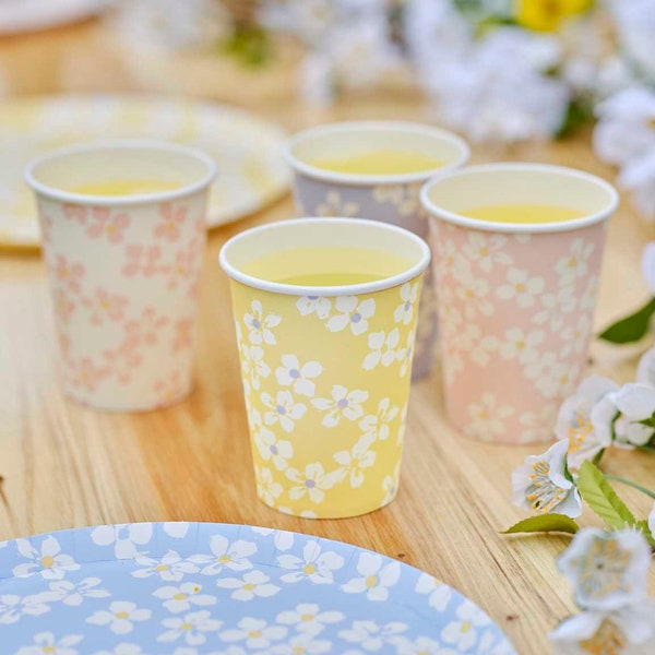 Floral Party Cups - Floral Paper Cups - Easter Cups - Birthday Cups -Baby Shower Cups-Hen Party Tableware Cups-Afternoon Tea Party-Pack Of 8