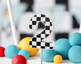 Cake Candle 2 - Checkered Flag Candle - Number 2 Birthday Cake Candle - Racing Car Party - Black & White Candle - Kids Party Decorations